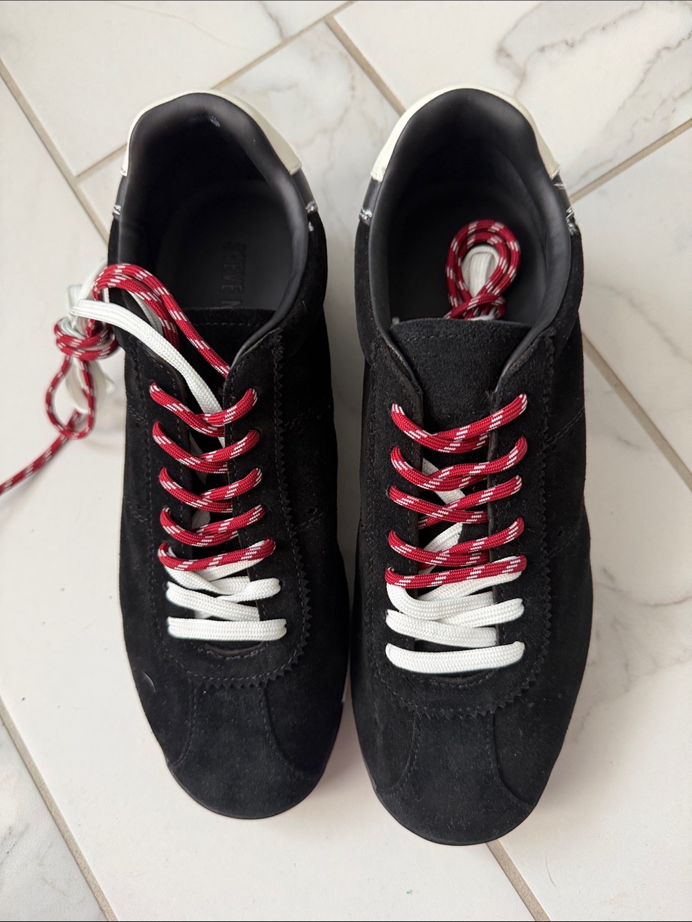 Steve Madden Black Suede womens Sneakers with Red & White Laces